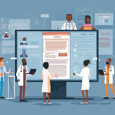 Grafik mit Ärztinnen und Ärzten vor Computerbildschirmen